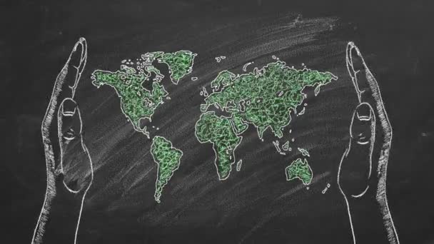 블랙보드에 세계지도 분필과 애니메이션이있는 손바닥 지구의 날입니다 우리의 세상을 구하라 — 비디오