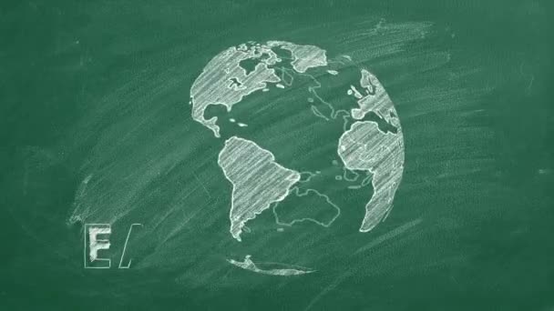 Вращающийся Глобус Надписью Earth Hour Нарисованной Мелом Школьной Парниковой Доске — стоковое видео