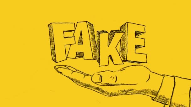 人間の手と3DテキストFakeが黄色の背景に描かれています 直接的な情報 直接的な情報 最初の手の知識 情報と偽情報の概念 偽ニュース — ストック動画
