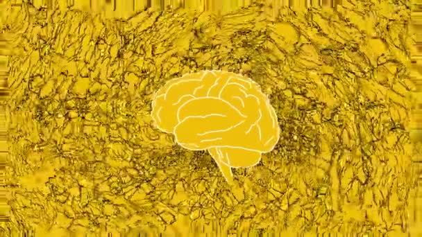 Профиль Мозга Сосредоточен Ярком Жёлтом Фоне Окружённом Сложной Сетью Абстрактных Лицензионные Стоковые Видео