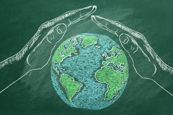 The World Globe under man\'s hands. Save the World. Chalk drawn illustration. Earth day concept.
