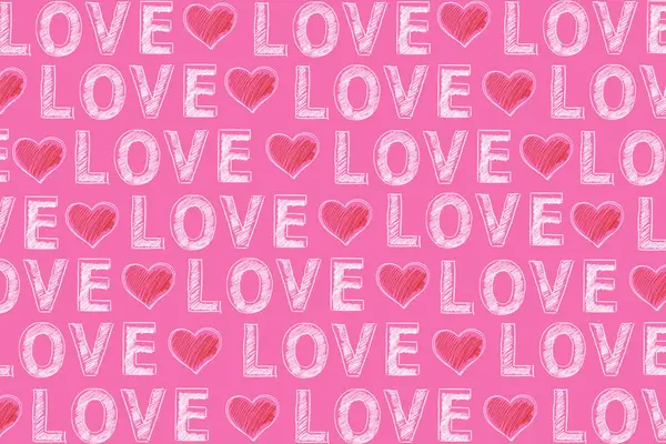 Шаблон Слова Любовь Написанный Белым Розовом Фоне Красные Сердца Разбросанные Лицензионные Стоковые Фото