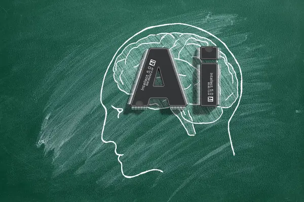 人間の脳と統合されたAiという文字の形の2つのマイクロチップは 技術と認知の最先端の融合を表しています 人工知能 自然言語処理 ロイヤリティフリーのストック画像