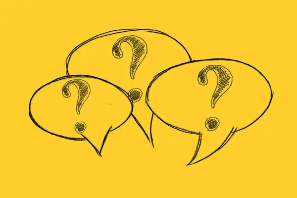 Vraagtekens Met Spraakzeepbel Getekend Gele Achtergrond Veelgestelde Vragen Stockfoto