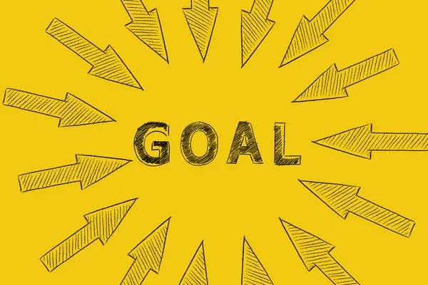 Goalと中央を指す矢印が刻まれている 目標を達成するための競争やチームワークの概念 ストックフォト