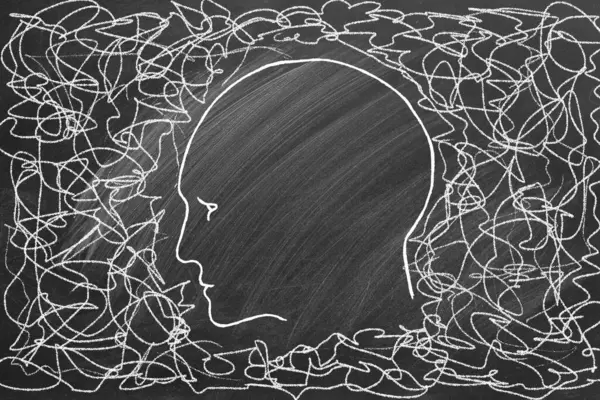Silhouet Van Menselijk Hoofd Met Verstrengelde Lijn Buiten Illustratie Schoolbord Stockfoto