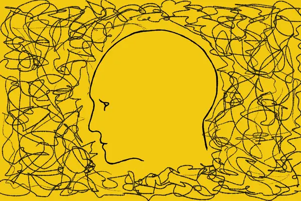人間の頭部のシルエットは 外側に絡み合った線でつながっています 黄色についてのイラスト 人格障害とうつ病 混沌とした思考 解決策を見つける ロイヤリティフリーのストック画像