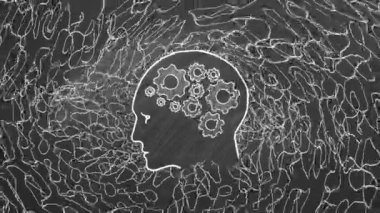 Tebeşir tahtasında soyut çizgilerle çevrili bir kişinin silueti. Veri toplama ve analiz süreci. Yapay zeka kavramı.