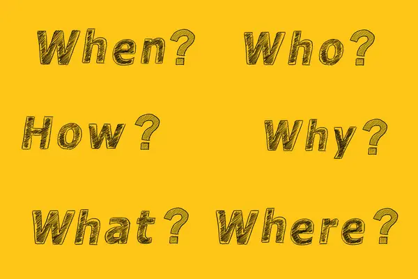 最も一般的な6つの質問 どこで どのように質問マークで 質問する 答えがある 黄色についてのイラスト Faqについて ロイヤリティフリーのストック画像