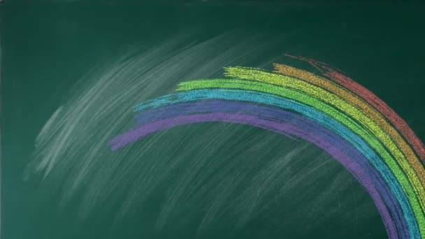 楽しい言葉に虹のアークを描いたカラフルなチョーク 教室のブラックボードに書かれたこんにちはサマー 学校の休暇と暖かい晴れた日を先に呼び起こします もう一つの学年が終わりました — ストック動画
