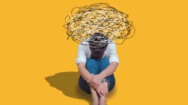 Bir kadın sarı arka planda oturur, kafası siyah ve beyaz çizgilerden oluşan girdap gibi bir kütle tarafından gizlenmiş, zihnini saran kaotik düşünceleri temsil eder..