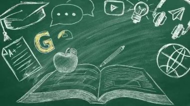 Okulun tahtasında Almanca kelimesi yazılıdır. Yanında açık bir kitap var ve etrafında yabancı bir dili öğrenmenin çeşitli yönlerini sembolize eden birçok küçük resim var..