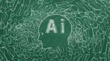 Tahtada yapay zeka ve kıvrımlı çizgilerle bir insan silueti tasvir ediliyor. İllüstrasyon, bilgi işlemeyi, yapay zeka ile problem çözmeyi sembolize ediyor..