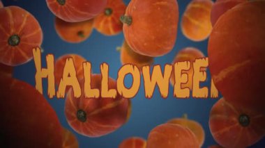 Düşen balkabakları ve ortada kalın cadılar bayramı metni. Sıcak turuncu balkabakları ve ürkütücü yazı tipi ürkütücü ama neşeli bir hava veriyor. Sonbahar tatilini kutlamak için mükemmel.