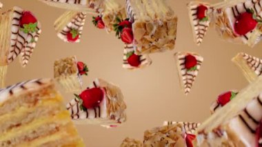 Tarafsız bir zemine düşen taze çilek ve çikolatalı çiselemelerden oluşan katmanlı pastalar, gözleri çeken ve hasret uyandıran tuhaf bir tatlı gösterisi yaratıyor..