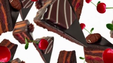 Katmanlı karamelli çikolatalı kek parçaları beyaz bir zemine düşer, zengin dokular sergilenir ve kiraz ve çikolata süslemeleri ile renkler zıt olur..