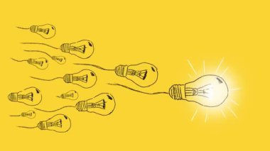 Sarı arka planda çizilmiş sperm çekirdeğine benzeyen ampuller. En iyi fikir kavramı.