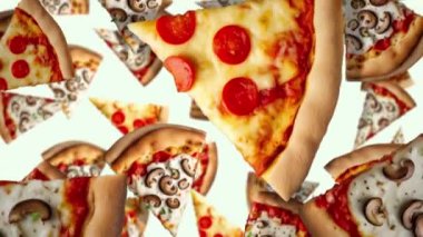 Pizza parçaları beyaz arka plana düşüyor. Kusursuz yavaş çekim döngüsü videosu
