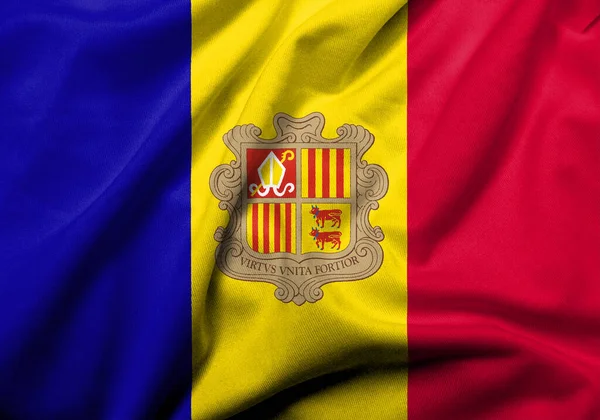 Realistic Flag Andorra Satin Fabric Texture —  Fotos de Stock