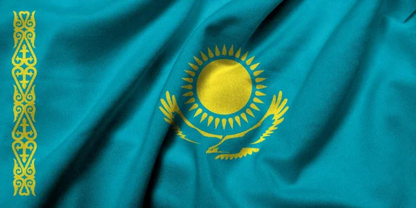 Realistyczna Flaga Kazachstanu Satynową Strukturą Tkanin — Zdjęcie stockowe