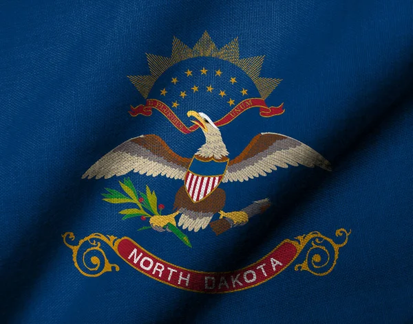 Реалістичний Прапор Північної Дакоти Текстурою Тканини Розмахуючи — стокове фото