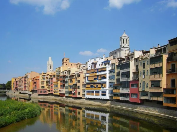 在阳光灿烂的日子里 奥尼亚尔河边的大教堂和五彩斑斓的房屋 西班牙加泰罗尼亚Girona 图库照片