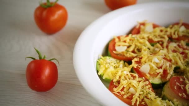 Raw Zucchini Tomatoes Sliced Cheese Prepared Baking Ceramic Dish — ストック動画