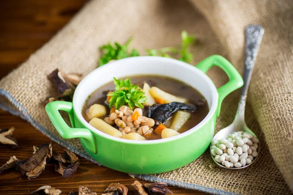 Mushroom Hot Soup Beans Bowl Rustic Burlap Tablecloth — Stok fotoğraf