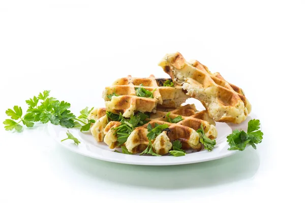 Fried Belgian Vegetable Waffles Spices Herbs Plate Isolated White Background — Stockfoto