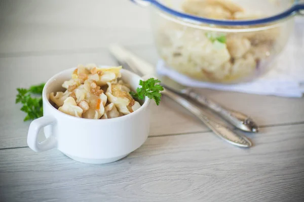Cooked Dumplings Potatoes Fried Onions Bowl Wooden Table — Stockfoto