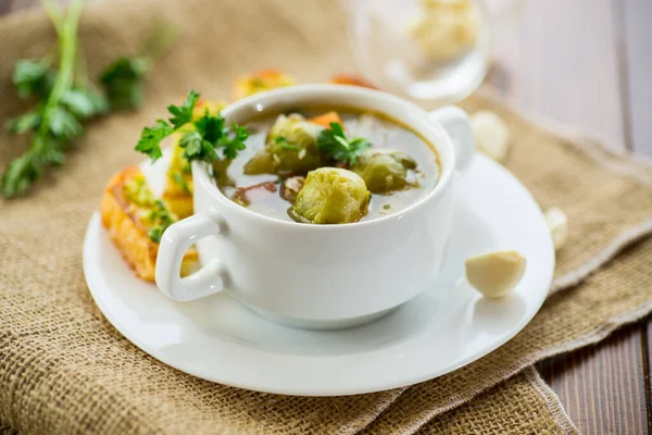 Warm Gekookte Soep Met Spruitjes Groenten Croutons Een Bord Een — Stockfoto
