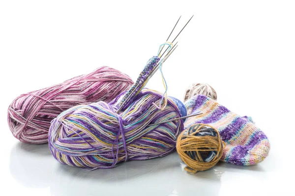 Colored Threads Knitting Needles Other Items Hand Knitting Isolated White — Foto Stock