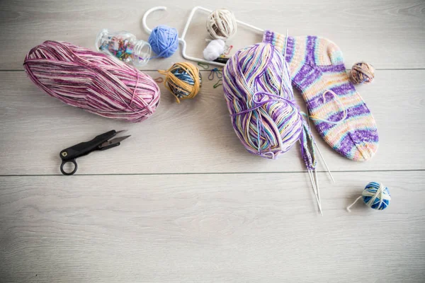 Colored Threads Knitting Needles Other Items Hand Knitting Light Wooden — Foto Stock