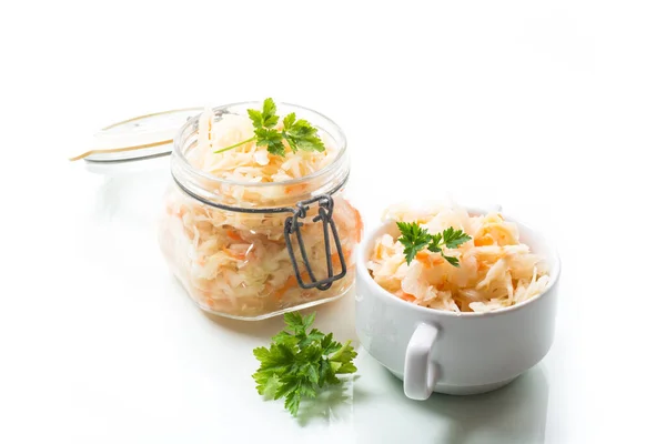 Sauerkraut Carrots Spices Glass Jar Isolated White Background — Stock Photo, Image