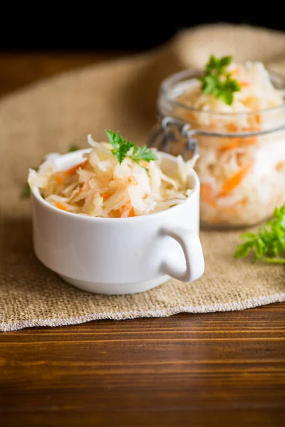 Sauerkraut Carrots Spices Bowl Wooden Table — Stok fotoğraf