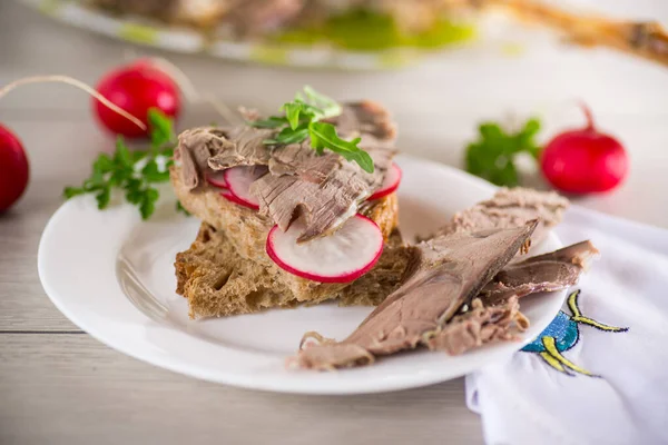 Sandwich Baked Meat Radish Herbs Wooden Table — Stock Photo, Image