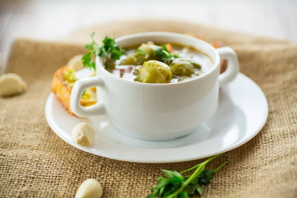 Sopa Cocida Caliente Con Coles Bruselas Verduras Croutons Plato Sobre — Foto de Stock