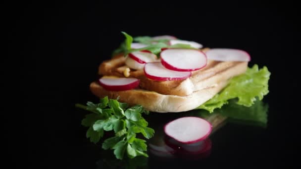 Sandwich Chaud Pain Grillé Farci Fromage Herbes Radis Sur Fond — Video