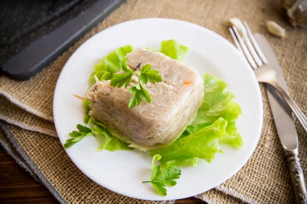 Gekookte Kip Vlees Aspic Vlees Gelatine Bouillon Een Bord Een — Stockfoto