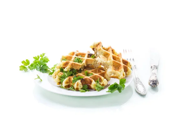 Fried Belgian Vegetable Waffles Spices Herbs Plate Isolated White Background — Stok fotoğraf
