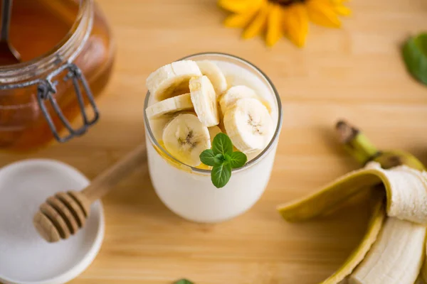 Sweet Homemade Yogurt Bananas Honey Glass — Stock Photo, Image