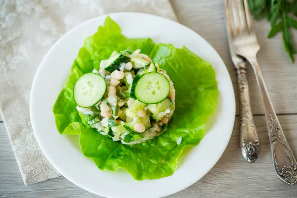Fasulye Pirinç Salatalık Diğer Sebzelerle Dolu Taze Yaz Salatası — Stok fotoğraf