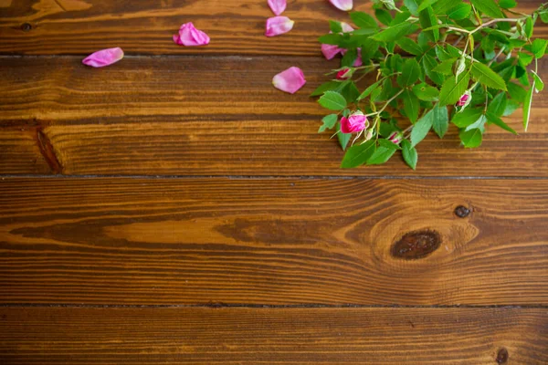 濃い木製のテーブルの上にピンクのバラの花の背景 — ストック写真