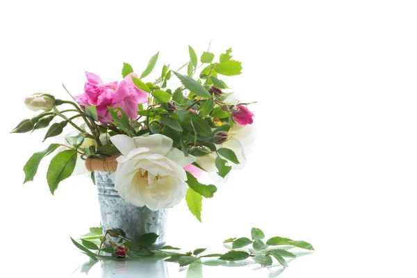 Kleiner Strauß Schöner Sommerrosa Und Weißer Rosen Isoliert Auf Weißem — Stockfoto