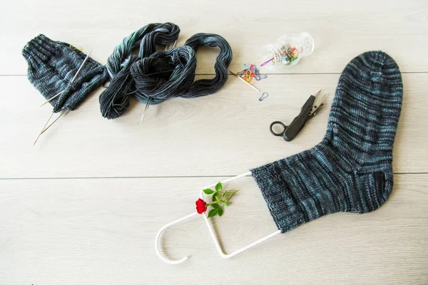 Ensemble Pour Tricoter Main Des Chaussettes Hiver Chaudes Fil Laine — Photo