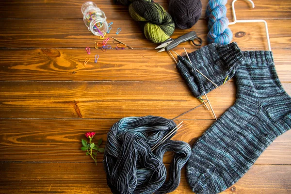 Ensemble Pour Tricoter Main Des Chaussettes Hiver Chaudes Fil Laine — Photo