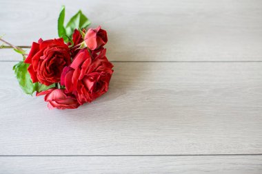 Açık ahşap bir masada pembe, kırmızı ve diğer güllerin çiçek arkaplanı