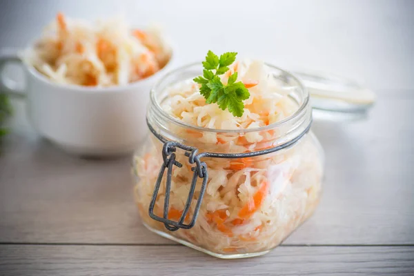 Sauerkraut Carrots Spices Glass Jar Wooden Table — ストック写真