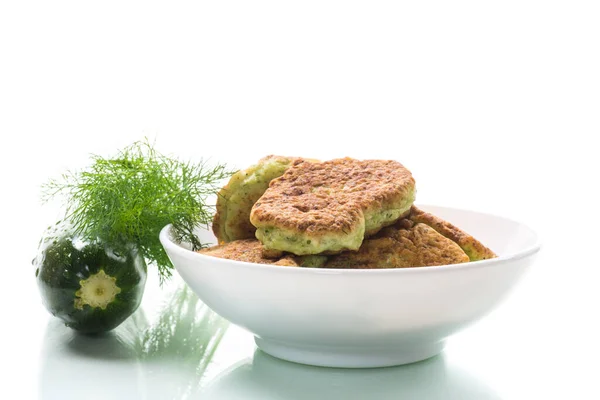 Fried Zucchini Pancakes Herbs Plate Isolated White Background — Stock Photo, Image