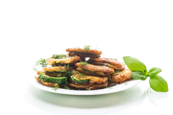 Zucchini Fried Circles Batter Herbs Plate Isolated White Background — Stock Photo, Image